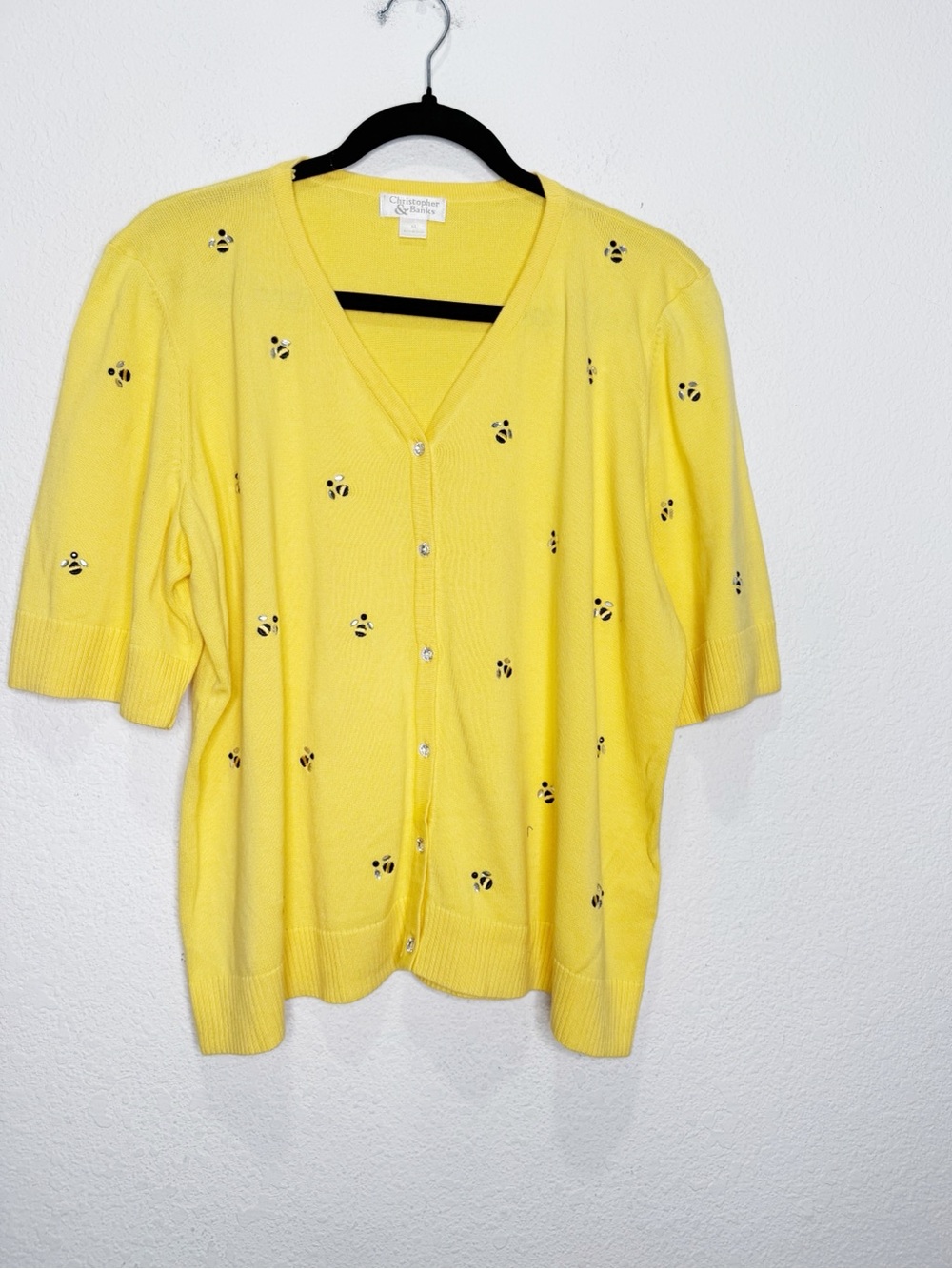Vintage Bee Embellished Sweater Cardigan Shirt Sleeves Knit Cotton Twee - Picture 2 of 7